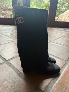 CHANEL Black Suede Knee-High Boots with Crystal CC Accent